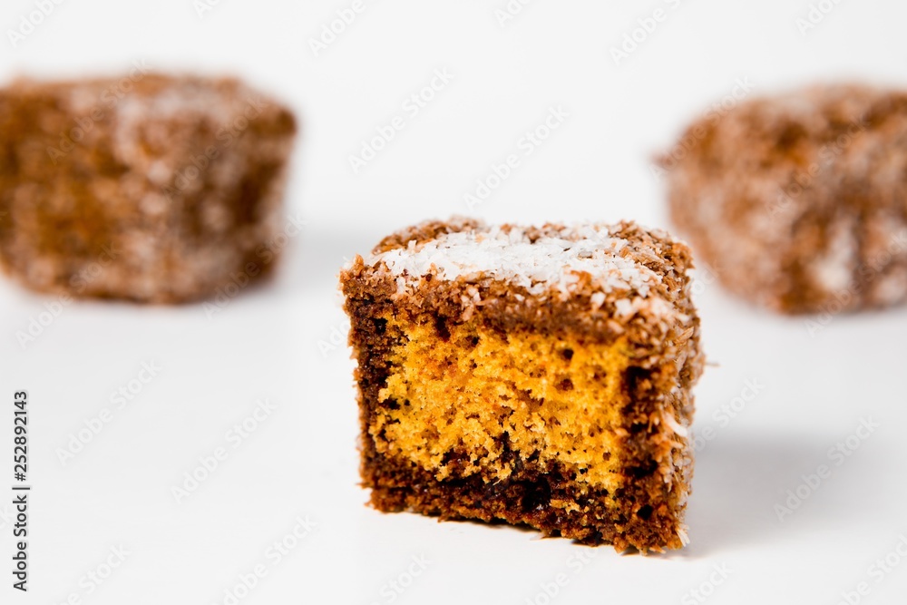 Home made gingerbread shaped- cubes with grated coconut - Sweet temptation.