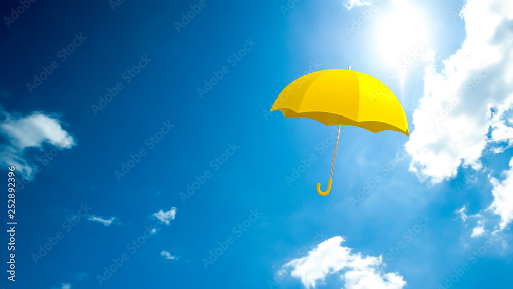Yellow umbrella floating in the sky.