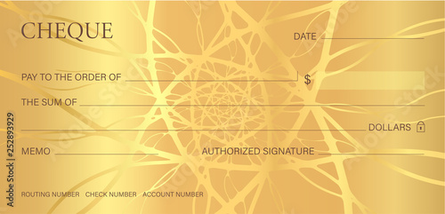 Check, Cheque (Chequebook template). Guilloche pattern with abstract line  watermark, border. Gold background for banknote, money design,currency, bank note, Voucher, Gift certificate, Money coupon