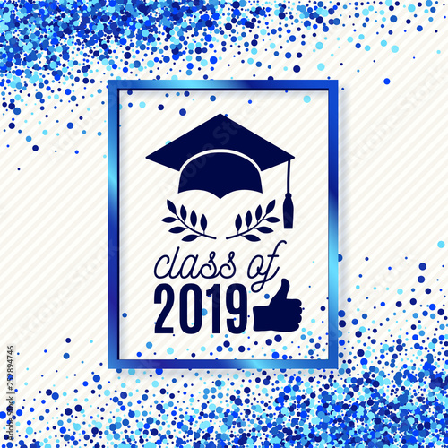 Class of 2019 greeting card with hat, scroll, laurel on beige stripe background with blue foil frame for invitation, banner, poster, postcard. Vector graduate template. All isolated and layered