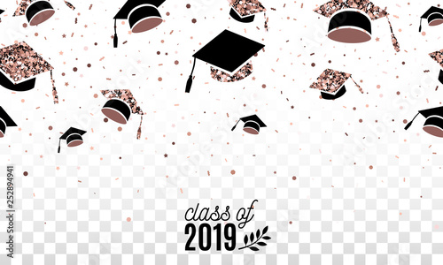 Graduate class off 2019 banner with rose gold hats thrown up on the air on checkered transparent background. Festive vector illustration with confetti. Seamless border on horizontal. Isolated