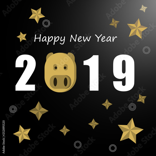 Happy New Year 2019 The back is black and the stars are golden.,Vector illustration