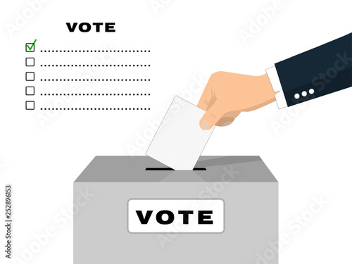 Voting concept. Hand putting white paper into the ballot box on white background,Five choice