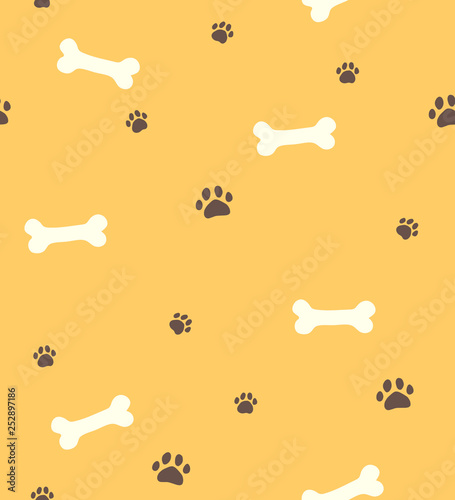 Seamless yellow pattern with bones for dog and paws