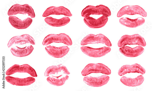 Lipstick kiss print isolated vector set pink red coral lips set different shapes female sexy lips makeup kiss mouth girl female print of lipstick kiss vector background.