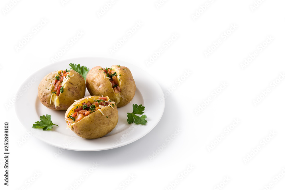 Stuffed potatoes with bacon and cheese on plate isolated on white background. Copyspace Stuffed potatoes with bacon and cheese on plate isolated on white background. Copyspace