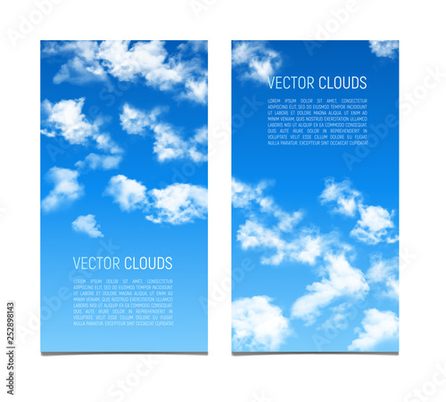 Set of vector banners with blue sky and realistic clouds.