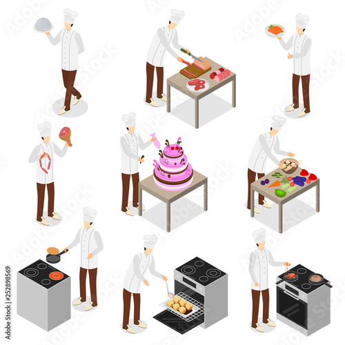 Character Chef Cooks 3d Icon Set Isometric View. Vector
