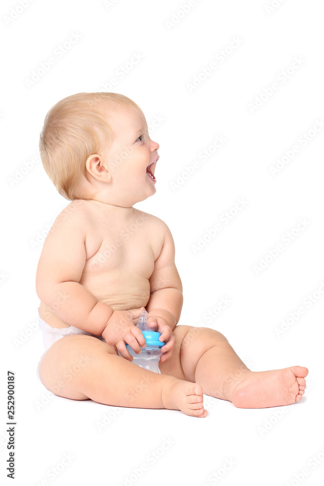 Baby boy with bottle isolated on white background Baby boy with bottle isolated on white background