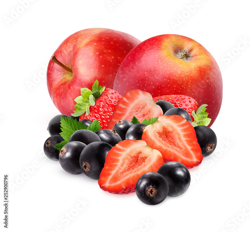 red apples, black currants and strawberries isolated on white background