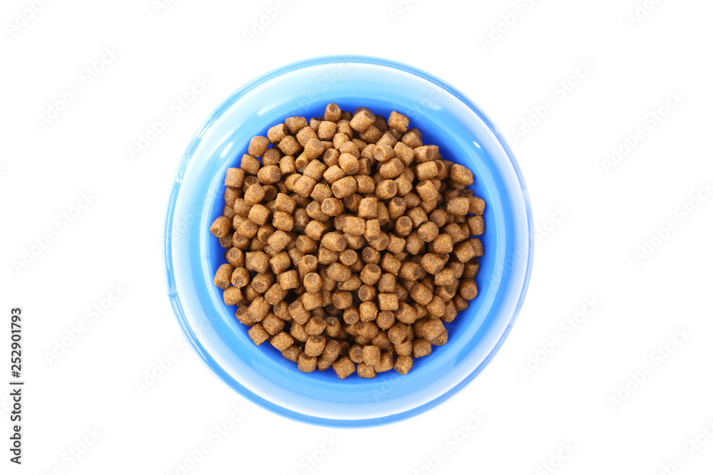 Dry pet food in bowl isolated on white background