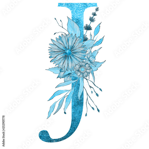 Blue glitter watercolor letter of the alphabet with flowers and leaves on the white isolated background. Floral elegant design.