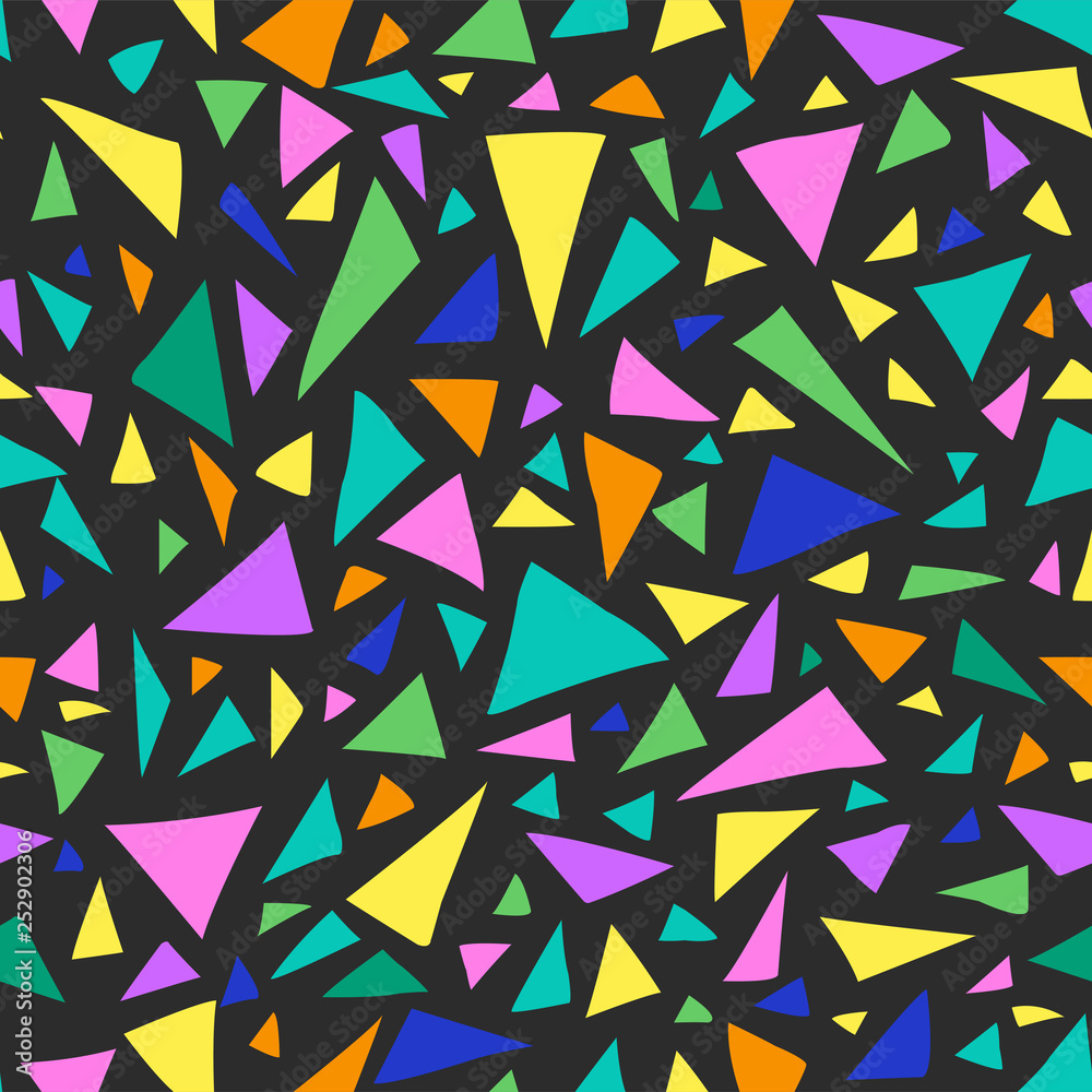 Seamless geometric pattern with bright multicilored triangles.