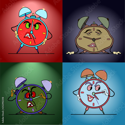 alarm clock, four different postures. funny, angry, drunk and asleep. funny caricature.