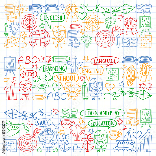 Vector set of english language, children's drawingicons icons in doodle style. Painted, colorful, pictures on a sheet of checkered paper on a white background.