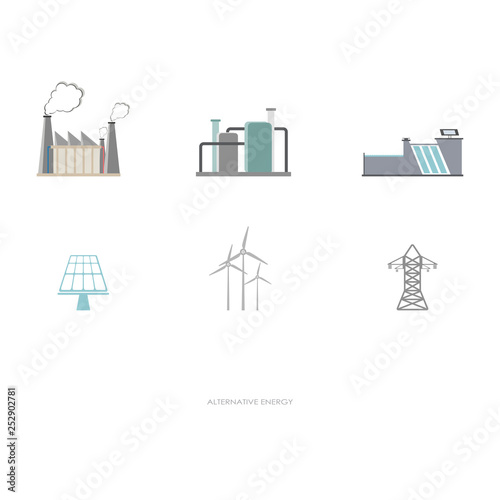 environmental eco plants set with factories and stations which using alternative energy sources solar panel wind turbine white background copy space vector illustration 