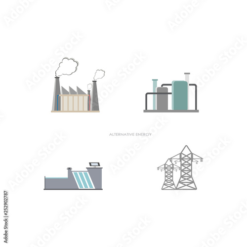 industrial buildings set chemical factory energy stations power plants energy manufacturing constructions collection air and environment pollution concept white background flat vector illustration