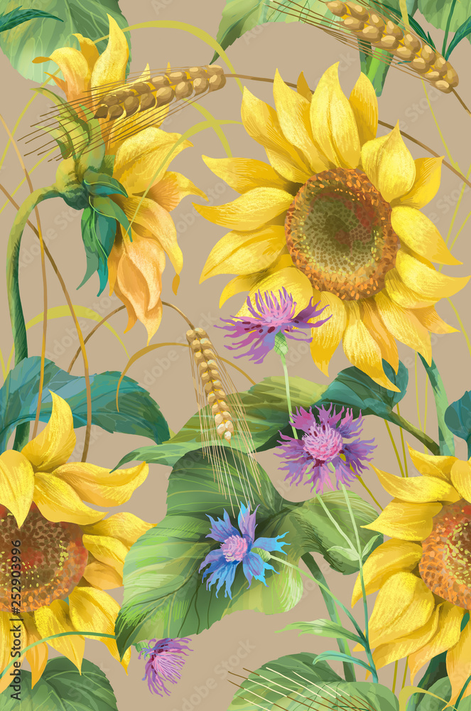 Floral composition of flowers and herbs. Sunflower, cornflower and barley seamless background pattern. Version 5