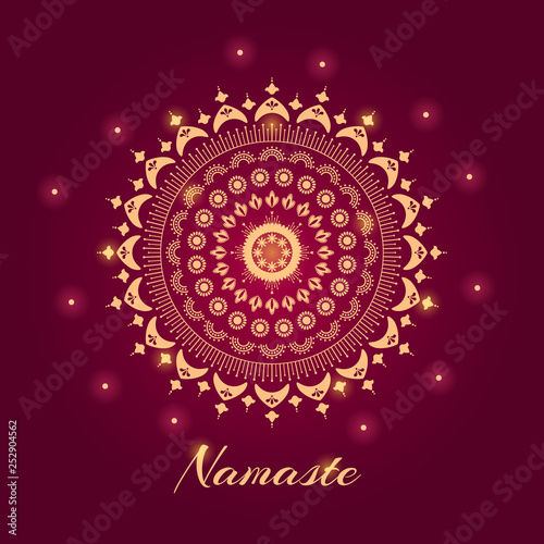 Mandala illustration with Namaste indian word. ethnic ornament on red background