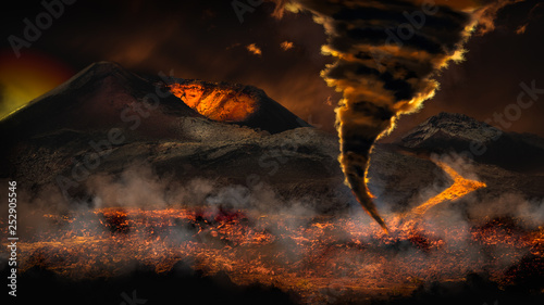 Canvas-taulu Extreme weather with tornado twister and erupting volcano in the background