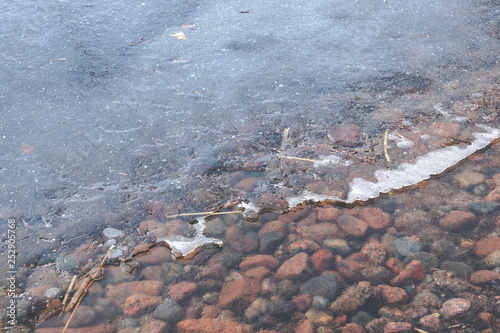 Ice melting on lake at rock...