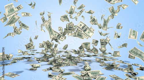 hundred dollar banknotes fall on graund on blue background
