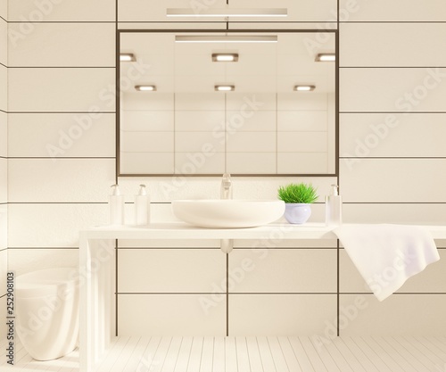 Bathroom interior with mirror and white sink. 3D rendering.