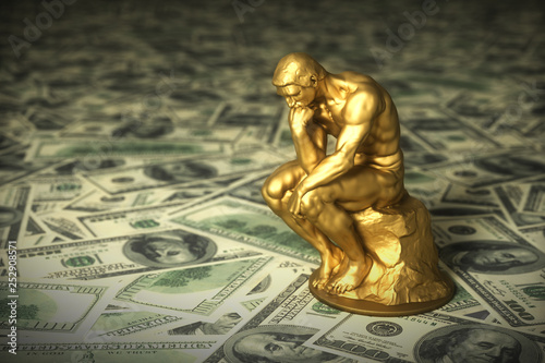 Cuadro en lienzo Gold Sculpture Thinker Over Green American Dollars