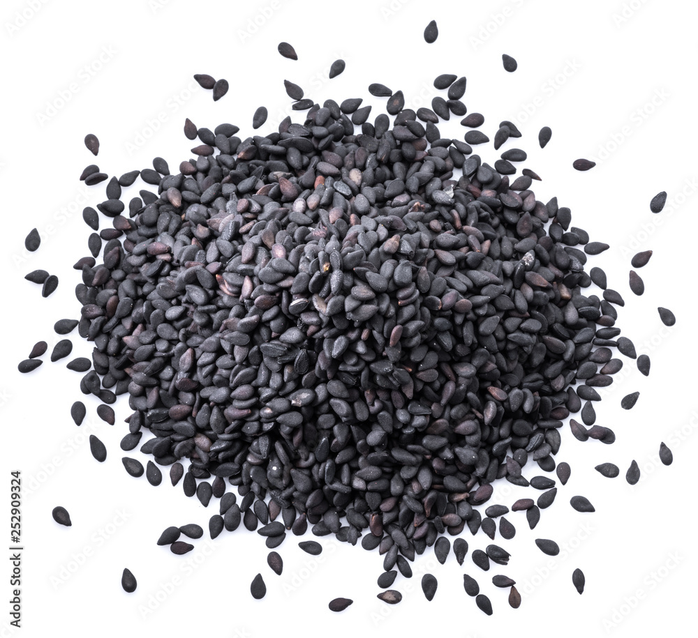 Black sesame seeds isolated on white background. Top view. Black sesame seeds isolated on white background. Top view.