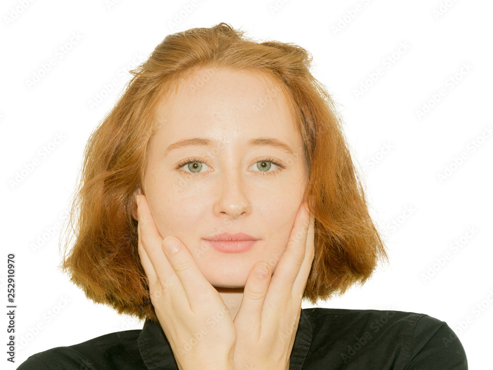 photo of tender, romantic woman which look at camera and touch her face isolated on white background photo of tender, romantic woman which look at camera and touch her face isolated on white background