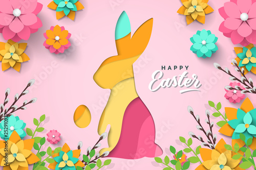 Easter card with paper cut bunny shape, egg shape, spring flowers on pink background. Vector illustration