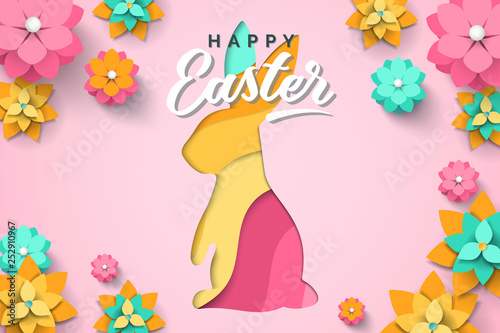 Easter card with paper cut bunny shape, spring flowers on pink background. Vector illustration