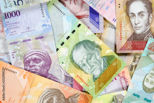 Photos Venezuela hyperinflation bolivar banknotes, different bills of fuerte series