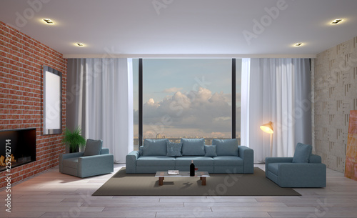 Room with large windows and a blue sofa against the background of brick walls.. 3D rendering. Blank paintings.  Mockup.