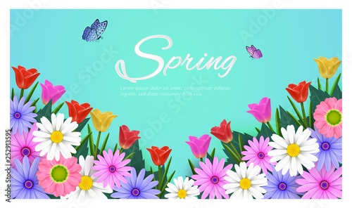 Spring Sale Banner background with beautiful colorful flowers are blooming.And use it as a banner or placard.And is used as an illustration or backdrop. -vector