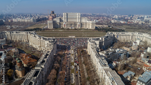 Aerial cityscape with a busy boulevard in Bucharest on a sunny day photo