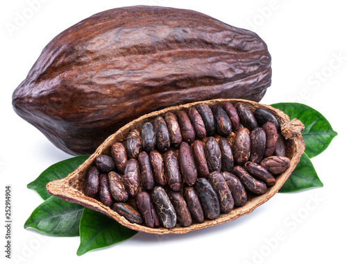 Cocoa pods and cocoa beans - chocolate basis isolated on a white background.