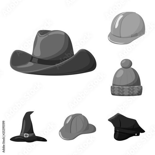 Vector illustration of hat and helmet symbol. Collection of hat and profession stock symbol for web.