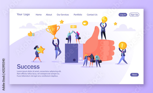 Concept of landing page for mobile website development and web page design. Concept of teamwork business success. Big hand with thumb up and happy flat people characters. Achievement concept.
