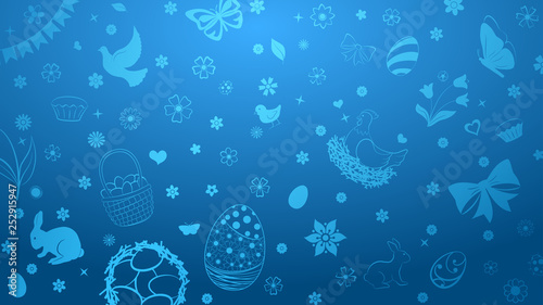 Background of eggs, flowers, cakes, hare, hen, chicken and other Easter symbols in blue colors