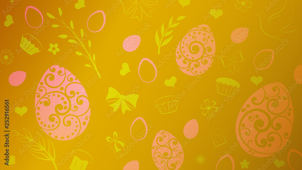 Background of eggs, flowers, cake, gift box and other Easter symbols in brown and yellow colors Background of eggs, flowers, cake, gift box and other Easter symbols in brown and yellow colors