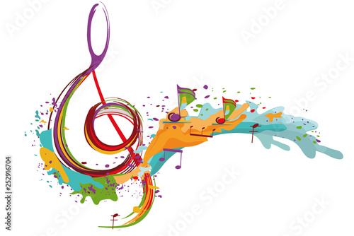 Abstract musical design with a treble clef and colorful splashes and waves. Hand drawn vector illustration.