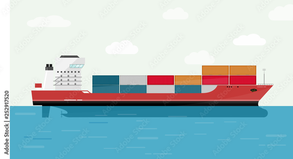 Cargo Ship Container in the Ocean Transportation, Shipping Freight Eransportation. Vector Illustration.