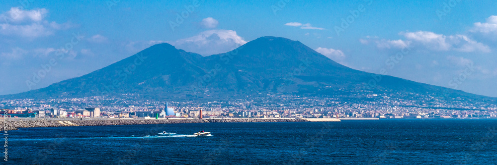 beautiful view of the coast of Naples with the vesuvio from the blue sea