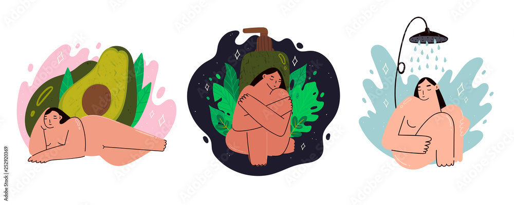 Love your body. Spa relaxation. Attractive plus size women take care of themselves. Hand drawn vector illustrations in trendy style. Set of three self care illustrations. All elements are isolated Love your body. Spa relaxation. Attractive plus size women take care of themselves. Hand drawn vector illustrations in trendy style. Set of three self care illustrations. All elements are isolated