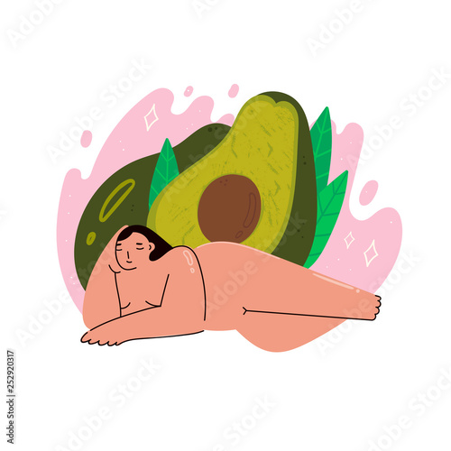 Self care. Love your body. Spa relaxation. Attractive lying woman with avocado on background. Hand drawn vector illustration in trendy style