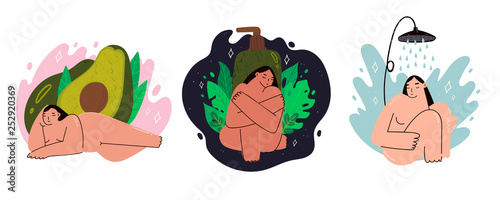 Love your body. Spa relaxation.  Attractive plus size women take care of themselves. Hand drawn vector illustrations in trendy style. Set of three self care illustrations. All elements are isolated