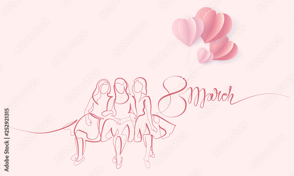 Fototapeta premium Friends girls sitting together one line drawing