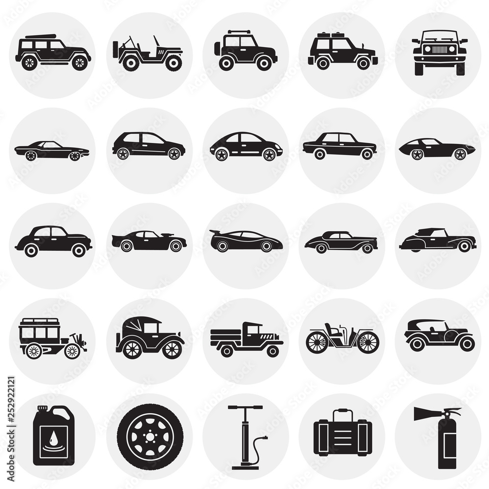 Cars icons set on circles background for graphic and web design. Simple vector sign. Internet concept symbol for website button or mobile app.
