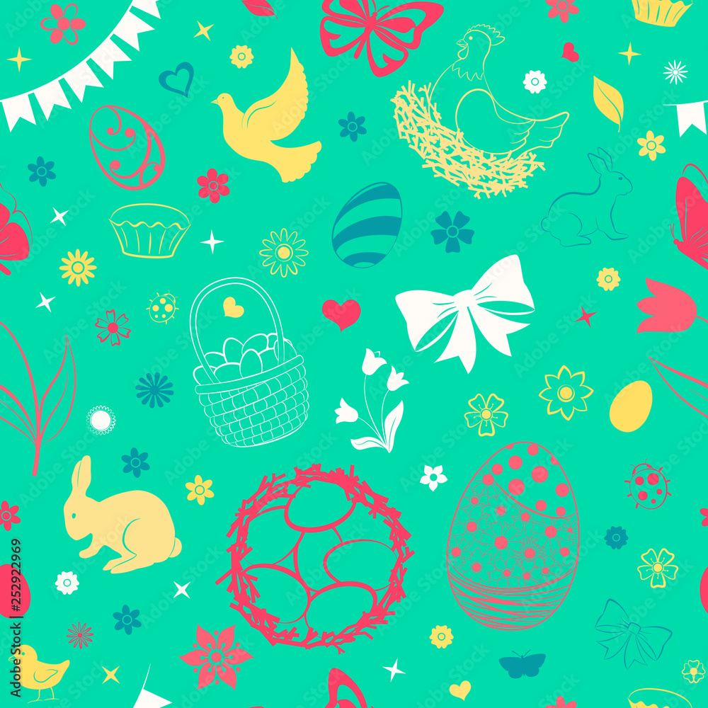 Seamless pattern of eggs, flowers, cakes, hare, hen, chicken and other Easter symbols, multicolored on light green